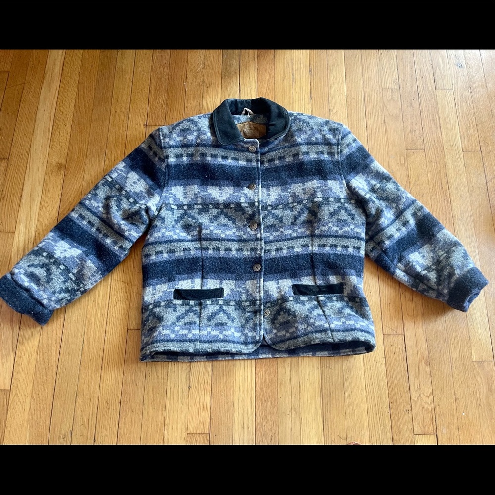 80 Vintage Woolrich Blue Wool Tapestry Blanket Coat - Picture 9 of 12